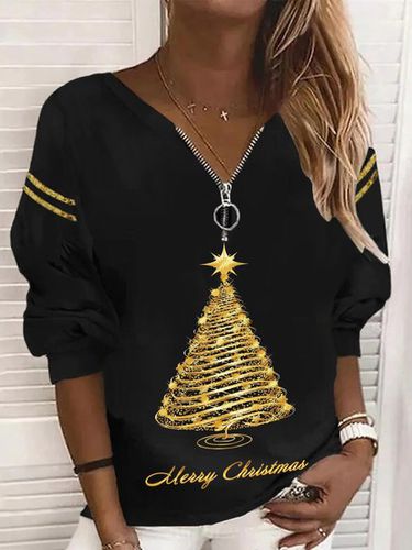Casual Christmas Long Sleeve V Neck Printed Top Sweatshirt - Modetalente - Modalova