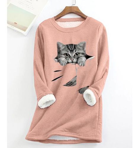 Grey Fun Cat Fleece Warm Sweatshirt - Just Fashion Now - Modalova