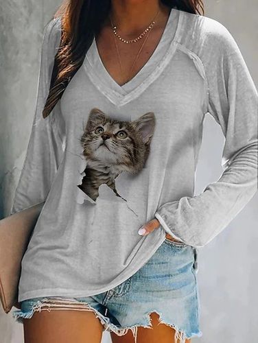 Casual Cat V Neck Raglan Sleeve T-Shirt - Just Fashion Now - Modalova