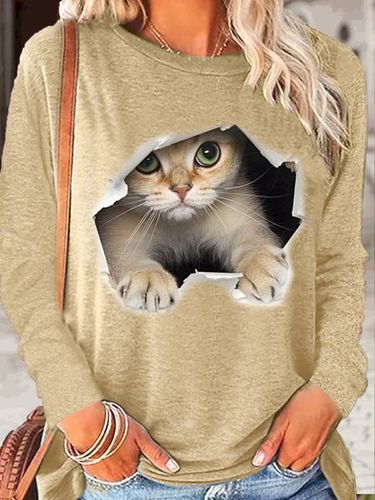 Women's Funny 3D Cat Print Crew Neck Top - Modetalente - Modalova