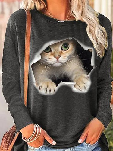 Women's Funny 3D Cat Print Crew Neck Top - Modetalente - Modalova