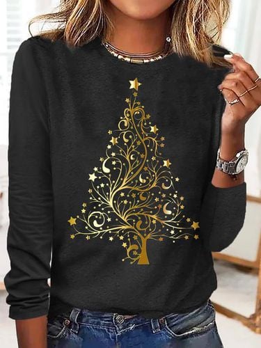 Women's Star Christmas Tree Letters Casual Crew Neck Top - Just Fashion Now - Modalova