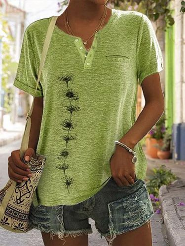 Buttoned Casual V Neck Floral Short Sleeve T-Shirt - Just Fashion Now - Modalova