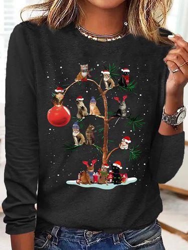 Women's Christmas Cat Tree Crew Neck Casual Top - Modetalente - Modalova