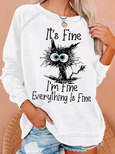 Womens Funny I Am Fine Black Cat Letter Crew Neck Sweatshirt - Just Fashion Now - Modalova