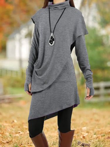 Long Sleeve Turtleneck Asymmetric Tunic Dress - Just Fashion Now - Modalova