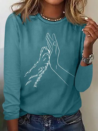 Women's Lover Dog Hand Simple Crew Neck Cotton-Blend Regular Fit Long Sleeve Top - Just Fashion Now - Modalova