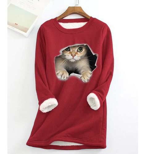 Crew Neck Cat Casual Warmth Sweatshirt - Just Fashion Now - Modalova