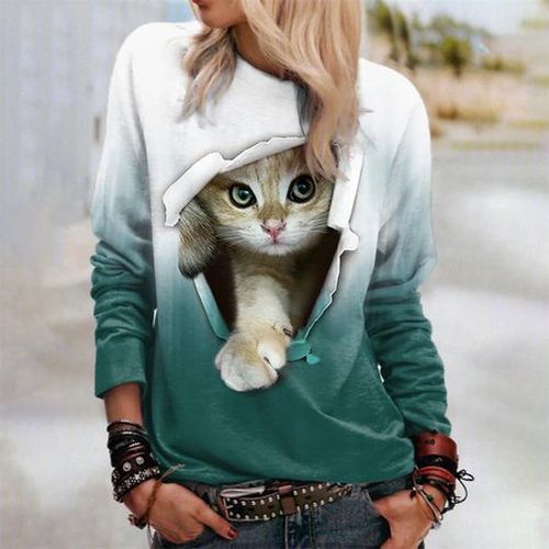 Loose Cat Crew Neck Casual Sweatshirt - Just Fashion Now - Modalova