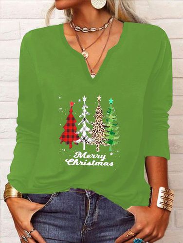 Casual Christmas Trees Long Sleeve V Neck Printed Top T-Shirt - Modetalente - Modalova