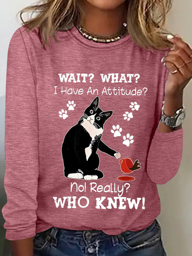 Women's Funny Cat Wait What I Have An Attitude No Really Who Knew Simple Long Sleeve Top - Modetalente - Modalova