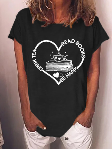 Women's Book Lover Drink Tea Read Books Be Happy Cotton-Blend Loose Casual T-Shirt - Just Fashion Now - Modalova