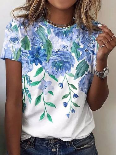 Floral Crew Neck Casual Loose T-Shirt - Just Fashion Now - Modalova