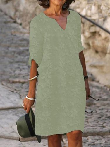 Plain Linen Cotton And Linen V Neck Dress - Just Fashion Now - Modalova