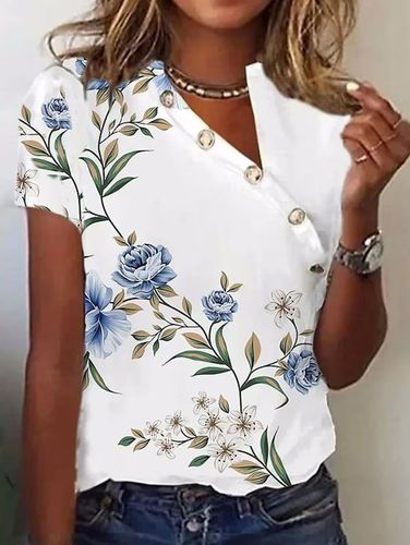 Casual Floral Asymmetrical Loose T-Shirt - Just Fashion Now - Modalova