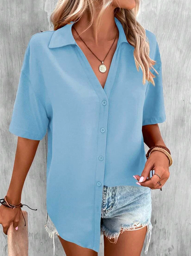 Casual Loose Shirt Collar Plain Blouse - Just Fashion Now - Modalova