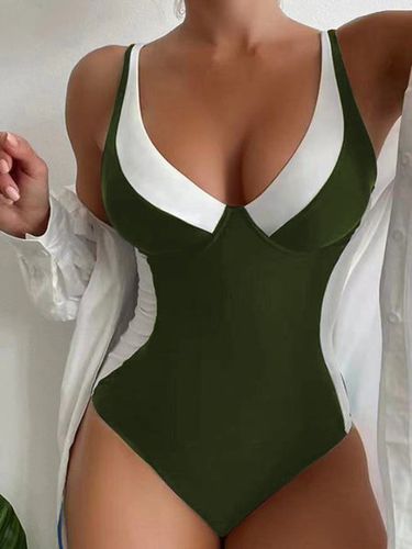 CasualColor Block Split Joint V Neck One-Piece Swimsuit - Just Fashion Now - Modalova