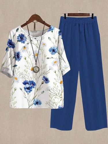 Floral Loose Crew Neck Casual Two-Piece Set - Just Fashion Now - Modalova