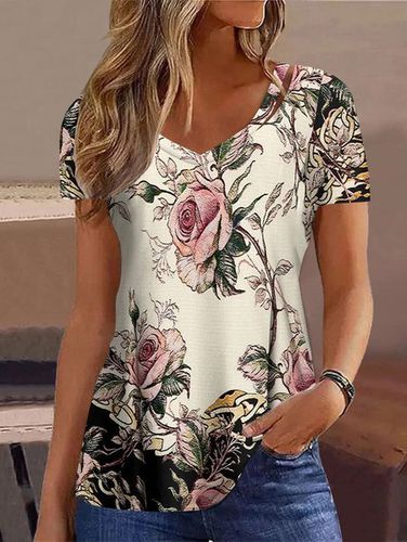Floral Knitted Loose Casual T-Shirt - Just Fashion Now - Modalova