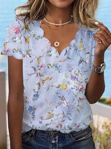 Country Floral Casual Shell Neck Knit T-Shirt - Just Fashion Now - Modalova