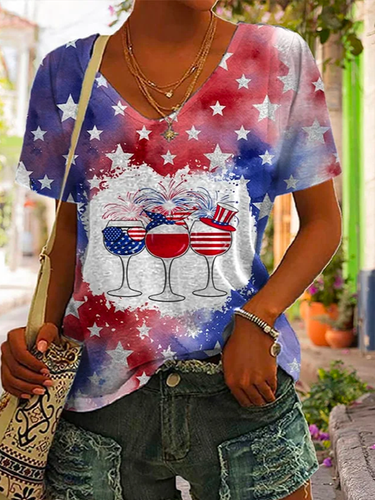 Loose America Flag Casual V Neck Women'S Star Wine Glass Print V-Neck Short-Sleeved T-Shirt - Just Fashion Now - Modalova