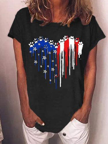 Women's Independence Day Love Dog Paws Blue White Red Graphic Printing 4th Of July Cotton-Blend Casual Loose T-Shirt - Just Fashion Now - Modalova