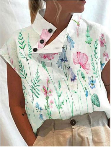 Loose Floral Asymmetrical Linen Shirt - Just Fashion Now - Modalova