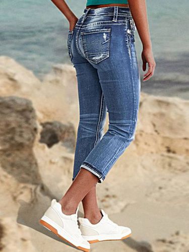 Loose Casual Plain Denim Ripped Zip Fly Mid Waist Capris Jeans - Just Fashion Now UK - Modalova