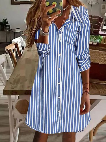 Womens Shirt Collar Striped Casual Dress - Just Fashion Now - Modalova