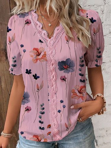 V Neck Casual Floral Lace Shirt - Just Fashion Now - Modalova
