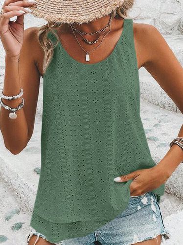 Loose Geometric Elegant Crew Neck Solid Eyelet Embroidery Tank Top - Just Fashion Now - Modalova