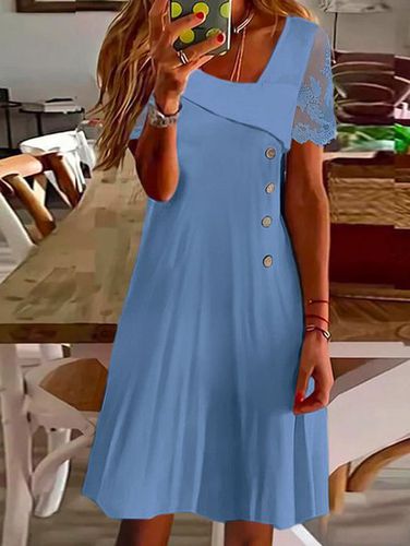 Lace Sleeve Plain Loose Casual Asymmetrical Dress - Just Fashion Now - Modalova