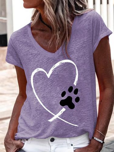 Women's Heart Dog Paw Print Casual V Neck T-Shirt - Just Fashion Now - Modalova