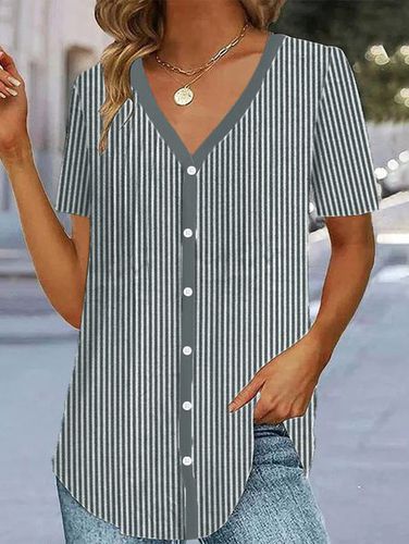 Loose Striped V Neck Casual Blouse - Just Fashion Now - Modalova