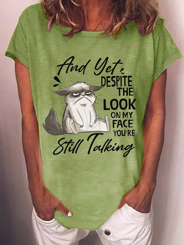 Women's Stil Talking A Cat Crew Neck Casual T-Shirt - Modetalente - Modalova