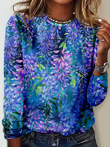 Women's Simple Regular Fit Blue Floral Crew Neck Shirt - Just Fashion Now - Modalova