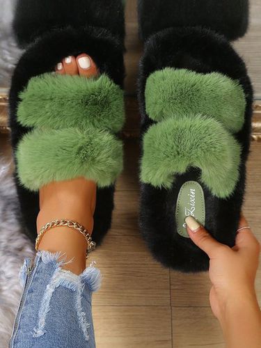 Casual Color Block Double Strap Fluffy Slippers - Just Fashion Now - Modalova