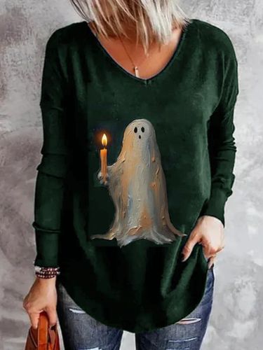 Loose V Neck Halloween Casual T-Shirt - Just Fashion Now - Modalova