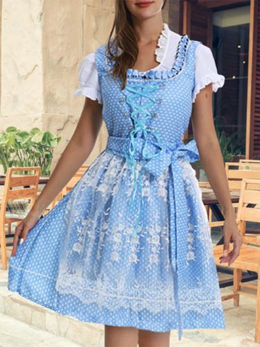 Oktoberfest Bavarian Traditional Beer Short Sleeve Lace Lace-up Bow Flouncing Dress With Belt - Modetalente - Modalova