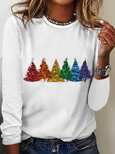 Women's Christmas Tree Cotton-Blend Crew Neck Casual Long Sleeve Shirt - Modetalente - Modalova