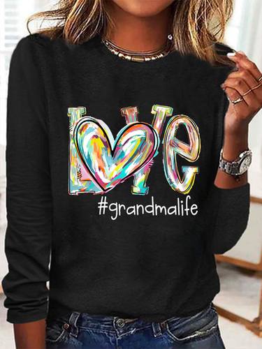 Women's Love Grandma Life Cotton-Blend Casual Cat Crew Neck Long Sleeve Shirt - Modetalente - Modalova