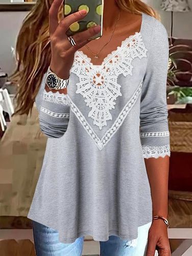 Casual Lace V Neck T-Shirt - Modetalente - Modalova