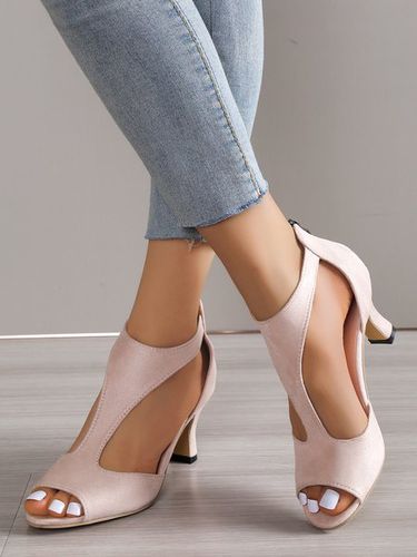 Black Suede Cutout Strap Peep Toe Mid Heel Sandals - Modetalente - Modalova