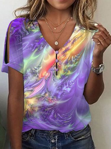 V Neck Loose Abstract Casual T-Shirt - Just Fashion Now - Modalova