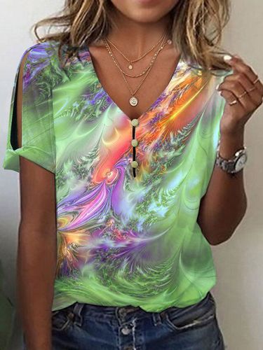 V Neck Loose Abstract Casual T-Shirt - Modetalente - Modalova