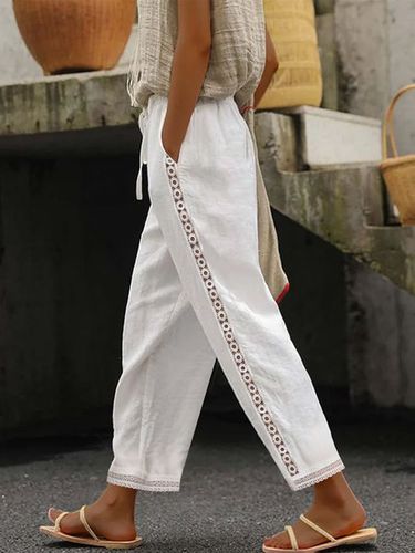 Casual Plain Lace-Up Patchwork lace Cotton Pants - Just Fashion Now - Modalova