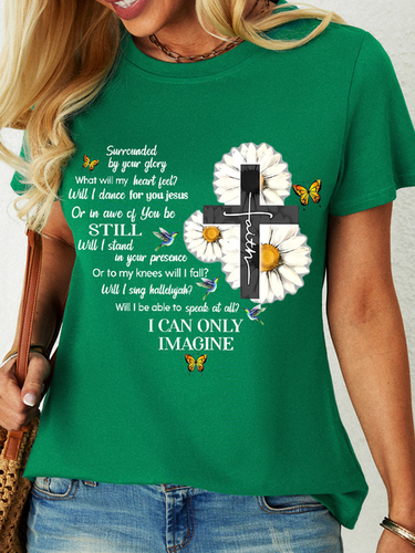 Women's Mercyme I Can Only Imagine Daisy Cross Christian Daisy Text Letters Simple Loose T-Shirt - Just Fashion Now - Modalova