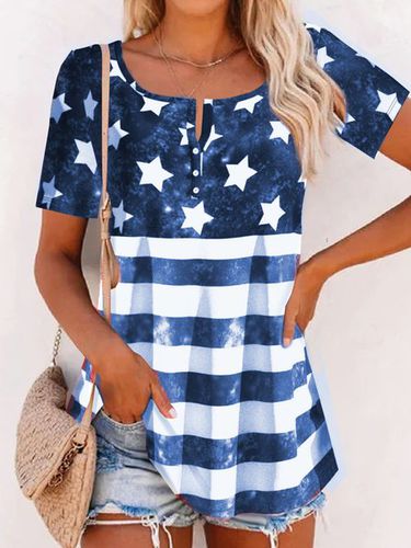 America Flag Printed Buckle Casual Jersey Tunic T-Shirt - Just Fashion Now UK - Modalova
