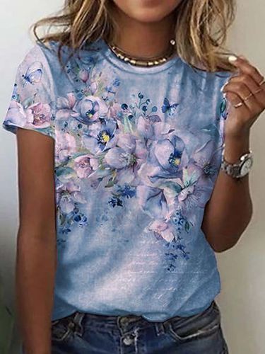 Floral Crew Neck Loose Casual T-Shirt - Modetalente - Modalova