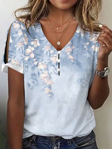 Casual Loose V Neck Floral T-Shirt - Just Fashion Now - Modalova